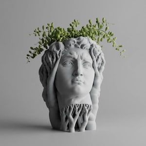 May include: A light grey planter shaped like a human head with detailed facial features. The top of the head is open, containing a trailing green plant. The base of the planter features a series of vertical, tree-like structural supports.
