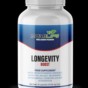 May include: A white bottle of "Longevity Boost" food supplement with a blue and red label. The label includes the brand name "Domilife" and a list of ingredients. The bottle contains 30 capsules, each 550 mg.
