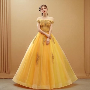 Yellow Tulle Quinceañera Ball Gown: Sparkly Off-Shoulder Prom Dress
