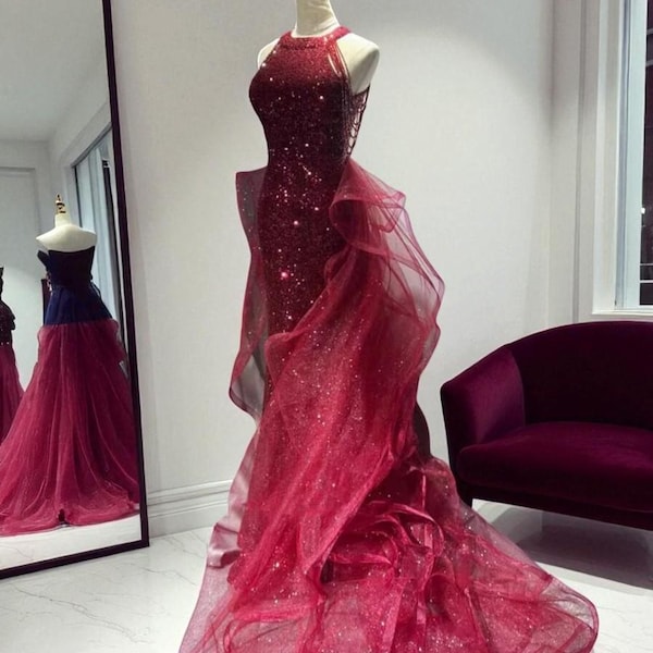 Sequin Halter Gown, Ruffled Tulle Skirt Prom Dress