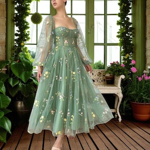 Dreamy Green Floral Sequin Tulle Prom Dress ,Bridal Party Dress ,Graduation, Formal Dress, Birthday Gown ,Tulle Ball Gown, Evening Ball Gown