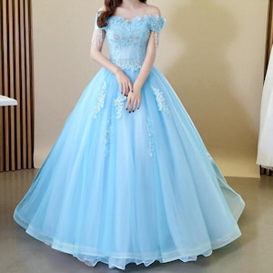 Off Shoulder Quinceanera Ball Gown , Puffy Sparkly Tulle Vintage Dress with Lace Applique, Custom Sweet 16 Prom & Party Dress for Women