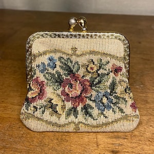 White Rococo Petite Point Coin Purse, Vintage Austrian, Floral Needlepoint Bag, Rare, 1950s