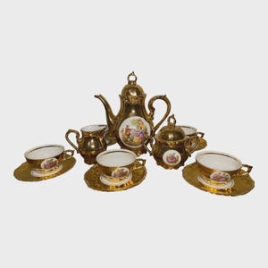 Mid 20th Century Bavarian Tea Set With Romantic Painted Scenes – Gold Plated- 13 Pieces