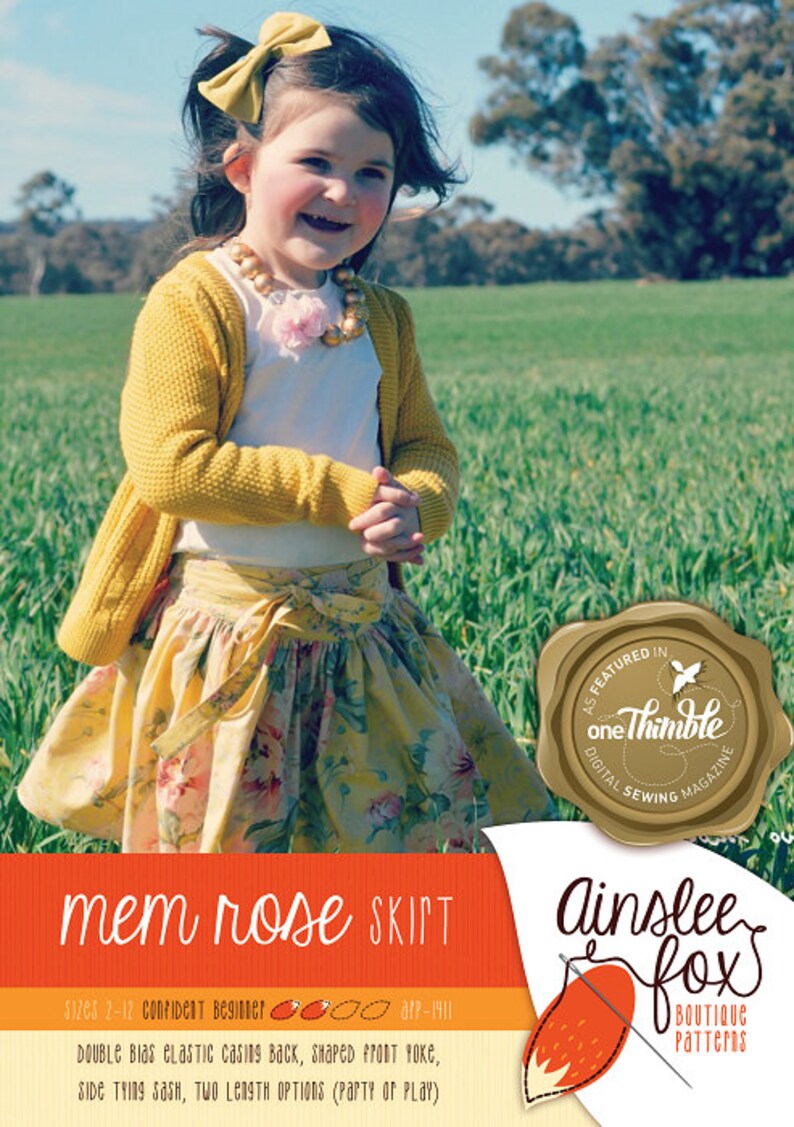 Mem Rose Skirt Ainslee Fox Boutique Patterns shaped yoke, bias binding casing back, size 2-12, side tying sash, two length options image 4