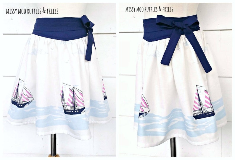 Mem Rose Skirt Ainslee Fox Boutique Patterns shaped yoke, bias binding casing back, size 2-12, side tying sash, two length options image 7
