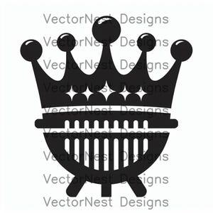Op de afbeelding: Zwarte afbeelding met een kroon en een barbecue. De kroon heeft vijf punten, elk bekroond met een bol. De grill heeft verticale staven en drie poten. De tekst "Vector Nest Designs" wordt herhaald.