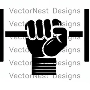 May include: Black and white graphic of a clenched fist holding a barbell. The barbell has three weight plates on each side. The image is a vector design, suitable for fitness and gym-related products.