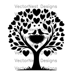 Oiseaux d'amour arbre SVG | Fichier de coupe coeur feuille Silhouette | Conception romantique de la nature Cricut