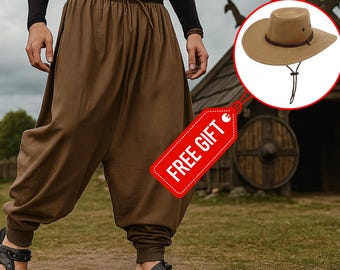 Men’s Medieval Harem Pants + FREE Cowboy Hat | Viking Pirate Festival Pants | Gothic Renaissance Fantasy Pants (Only 25 Left!)