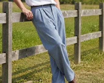 Mens Pleated Wide Leg Trousers, High Waisted Summer Pants, Vintage Minimalist Menswear, Relaxed Fit Pants