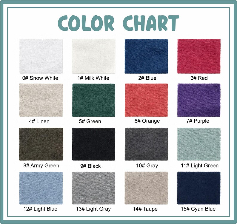 May include: A color chart featuring sixteen fabric swatches labeled 0 through 15. Colors include Snow White, Milk White, Blue, Red, Linen, Green, Orange, Purple, Army Green, Black, Gray, Light Green, Light Blue, Light Gray, Taupe, and Cyan Blue.