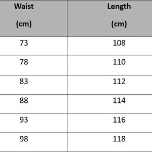 May include: A size chart for clothing, displaying measurements in centimeters. Sizes range from S to 3XL, with corresponding waist, length, and hip measurements. The waist measurements range from 73 cm to 98 cm, and the length measurements range from 108 cm to 118 cm.