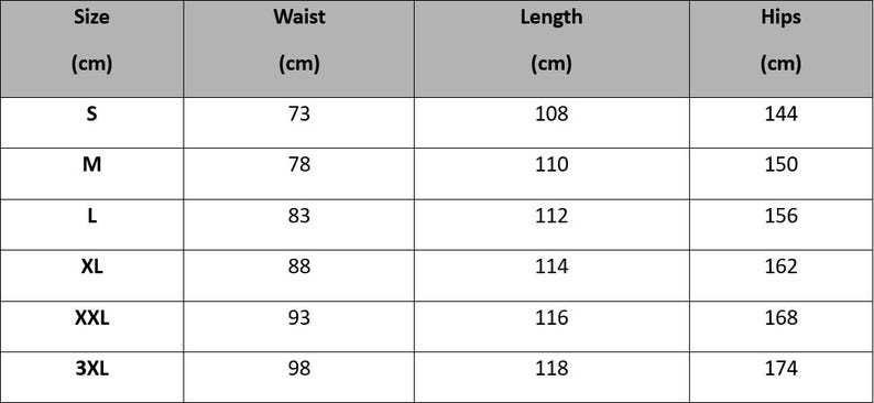 May include: A size chart for clothing, displaying measurements in centimeters. Sizes range from S to 3XL, with corresponding waist, length, and hip measurements. The waist measurements range from 73 cm to 98 cm, and the length measurements range from 108 cm to 118 cm.