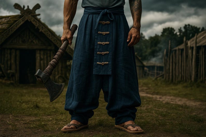 May include: Axe with a wooden handle and metal head. The person is wearing dark blue pants with decorative buttons and sandals. The background features a rustic village with wooden structures and a cloudy sky.