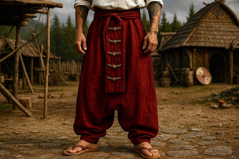 May include: Burgundy-colored linen pants with a wide waistband and decorative gold-colored clasps. The pants have a loose, baggy fit and are worn with brown leather sandals. The background features rustic wooden structures and a forest.