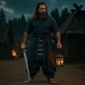 May include: A person in dark blue clothing, holding a sword and a lantern with a lit candle. The person is standing in front of wooden buildings, with a fire burning in the background. The scene evokes a medieval or fantasy theme.