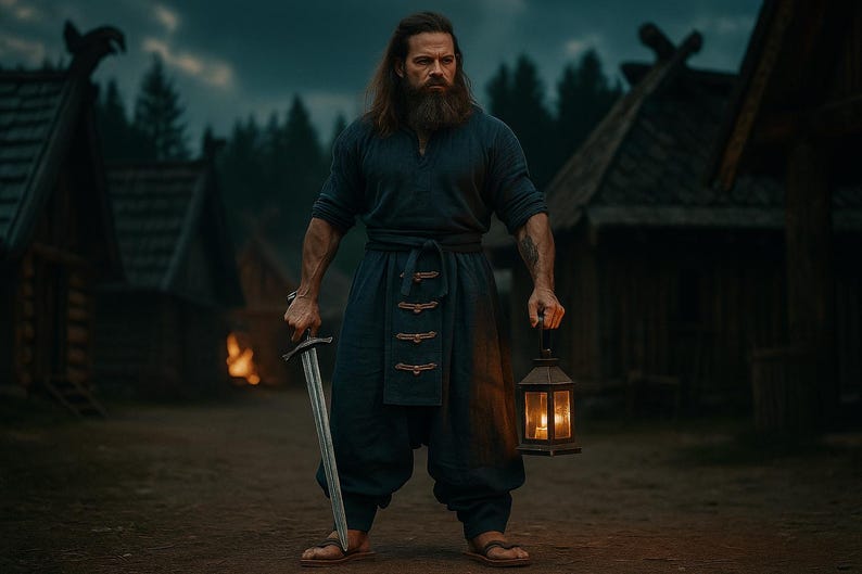 May include: A person in dark blue clothing, holding a sword and a lantern with a lit candle. The person is standing in front of wooden buildings, with a fire burning in the background. The scene evokes a medieval or fantasy theme.