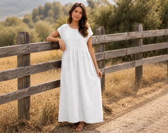 Linen Maxi Dress for Women, Loose Fit Summer Linen Dress, Boho Cottagecore Dress with Pockets, Plus Size Linen Clothing