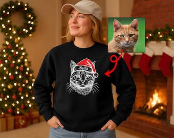 Custom Dog Photo Sweat Shirt, Dog Christmas Sweater, Personalized Pet Portrait Sweater, Santa Hat Pet Drawing, Dog Lover Gift