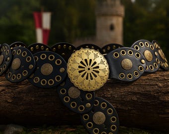 Flower Medieval Belt, Viking Waist Belt, Leather Flower Buckle Belt, Renaissance Belt, Steampunk Ren Faire Hip Belt, Vintage LARP Costume