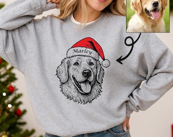Custom Dog Photo Sweatshirt, Printed Dog Christmas Sweater, Personalized Pet Portrait Sweater, Santa Hat Pet Drawing, Dog Dad Gift