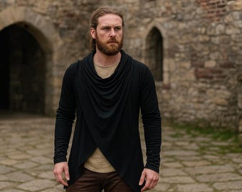 Urban Ninja Asymmetrisches Hemd, Avantgarde Streetwear-Strickjacke, gotisches schwarzes drapiertes Oberteil, langärmeliges Wasserfall-T-Shirt