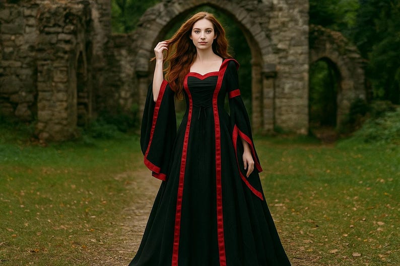 以下が含まれることがあります： 赤いトリムと長いフレアスリーブが付いた黒いドレス。 ドレスはハート型のネックラインと垂直の赤いストライプが特徴です。 女性は古い石のアーチの前で立っています。