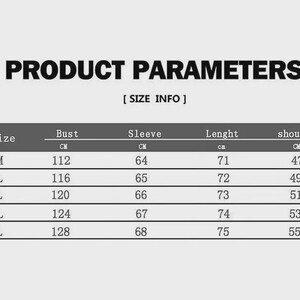 May include: A product information chart with the text "PRODUCT PARAMETERS" at the top. The chart displays size, bust, sleeve, length, and shoulder measurements in centimeters. Sizes range from M to 3XL, with corresponding measurements.