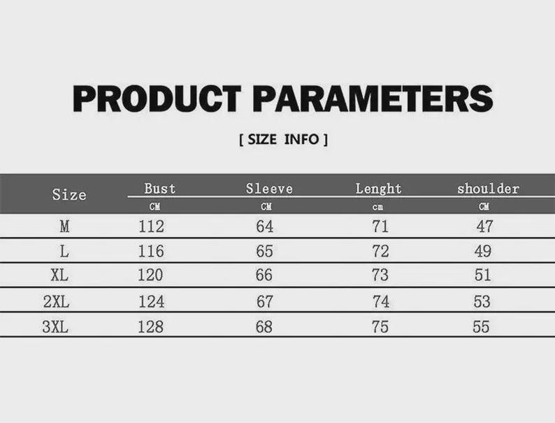 May include: A product information chart with the text "PRODUCT PARAMETERS" at the top. The chart displays size, bust, sleeve, length, and shoulder measurements in centimeters. Sizes range from M to 3XL, with corresponding measurements.