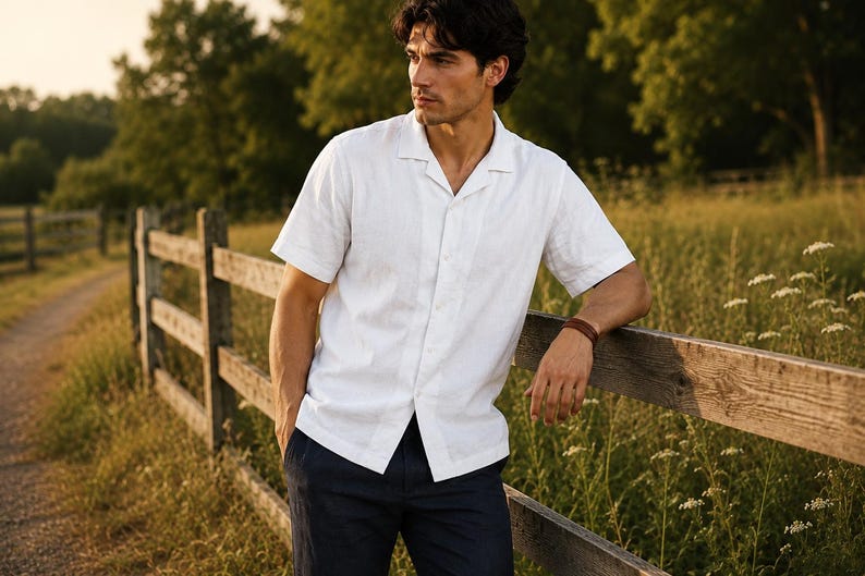 May include: A short-sleeved white button-down shirt with a camp collar and a straight hem, paired with dark navy trousers. The shirt features a visible button placket down the center and a textured fabric finish, worn with a simple brown wristband.