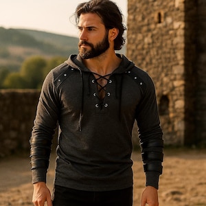 Vintage Gothic Men’s Hoodie, Dark Fashion Leather Strap Hooded Tee, Grunge Streetwear Urban Goth Top, Cyberpunk Hooded Shirt