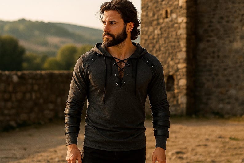 Vintage Gothic Men’s Hoodie, Dark Fashion Leather Strap Hooded Tee, Grunge Streetwear Urban Goth Top, Cyberpunk Hooded Shirt