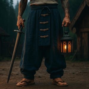 May include: A person in dark blue pants and sandals holds a sword and a lit lantern. The sword is held upright, while the lantern is held in the other hand. The background features wooden structures and a forest.
