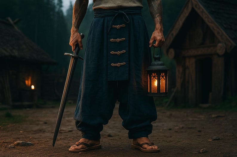 May include: A person in dark blue pants and sandals holds a sword and a lit lantern. The sword is held upright, while the lantern is held in the other hand. The background features wooden structures and a forest.