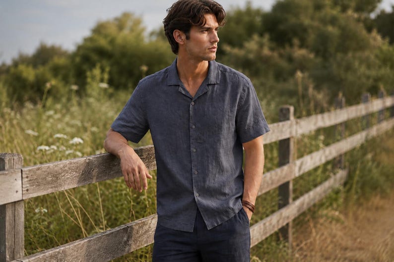 May include: A short-sleeved button-down shirt in a dark navy blue color, featuring a classic open camp collar, a straight hemline, and a textured fabric finish, worn with dark navy blue trousers and a brown leather wristband accessory.