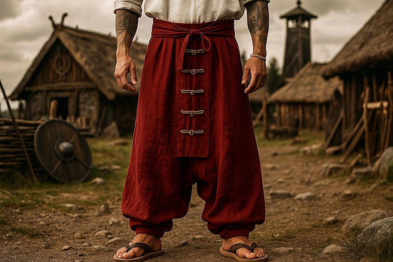 May include: Burgundy-colored, loose-fitting pants with a high waist and decorative buttons. The pants are part of a traditional outfit, paired with a white shirt. The image is set in a rustic, outdoor environment.