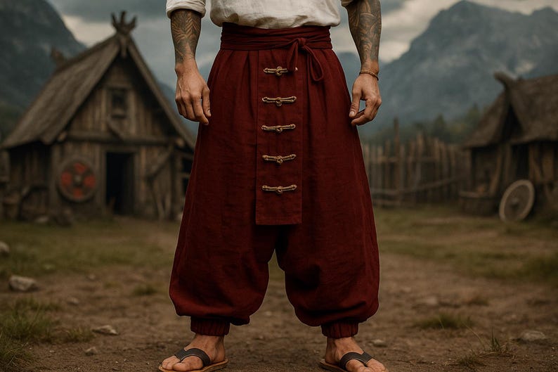 May include: Burgundy-colored, wide-legged pants with a high waist and decorative clasps. The pants are part of a historical or fantasy-themed outfit. The person is wearing sandals. The background features a rustic village setting with wooden buildings and mountains.