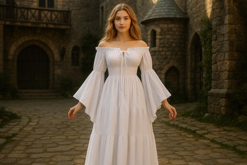 Puede incluir: Un vestido blanco con hombros descubiertos y mangas largas acampanadas. El vestido presenta una cintura ce&ntilde;ida y una falda escalonada. La modelo est&aacute; de pie en un camino de piedra frente a un castillo.