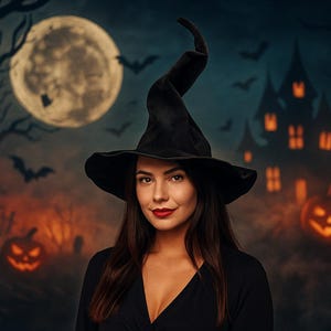 May include: A woman in a black witch hat and dress, set against a Halloween backdrop with a full moon, bats, a haunted house, and carved pumpkins. She has long brown hair and red lipstick, contributing to the spooky, festive theme.
