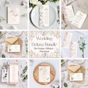 Plantilla de paquete de invitación de boda con reserva de fecha, RSVP, menú, detalle, programa, tarjeta - Editable, personalizable, descarga, impresión digital, floral, bohemio