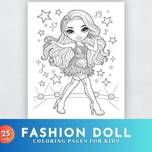 Könnte beinhalten: Schwarz-Weiß-Illustration einer Modepuppe, die in ein Mikrofon singt. Die Puppe trägt ein Kleid und hochhackige Stiefel. Das Bild enthält Noten und Sterne. Der Text unten lautet "FASHION DOLL COLORING PAGES FOR KIDS".