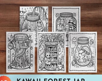 Kleurboek Kawaii Forest Jar, gezellige scènes (digitale download)