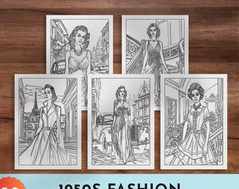 Libro para colorear de moda de los años 50: atuendos retro (descarga digital)