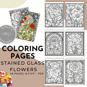 ステンドグラスの花の塗り絵、印刷可能な花のページ、大人向けデジタルアート、ストレス解消塗り絵シート、デジタルダウンロード
