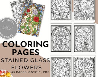 Stained Glass Flowers Coloring Book, Adult Art (Digital Download)