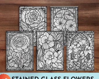 Stained Glass Flowers Coloring Book, Adult Art (Digital Download)