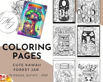 Kawaii Forest Jar Coloring Book, Cozy Scenes (Digital Download)