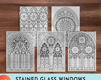 Stained Glass Windows Coloring Pages, Church Cathedral (Digital Download)