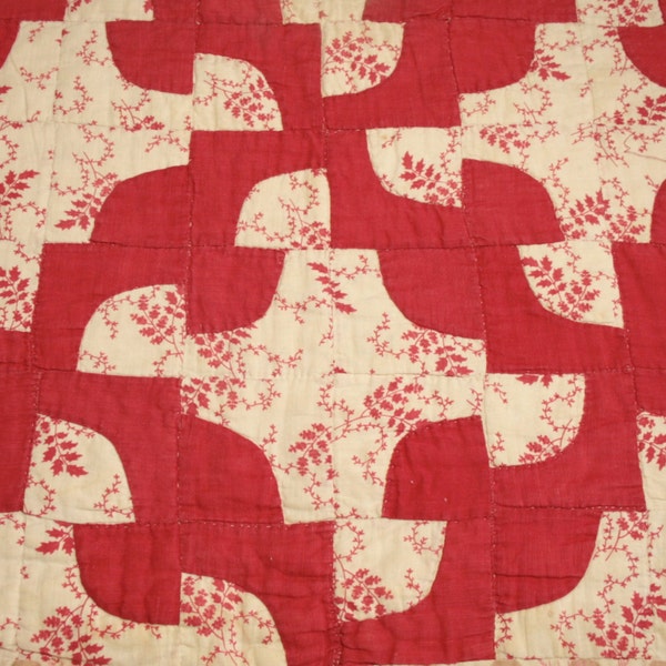 Red and Cream "Wanderer's Path in the Wilderness" 19th Century Antique Quilt Piece - 25 x 25 Inches